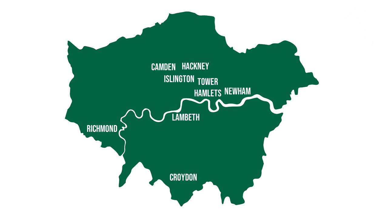Map of London showing boroughs with Green Party councillors